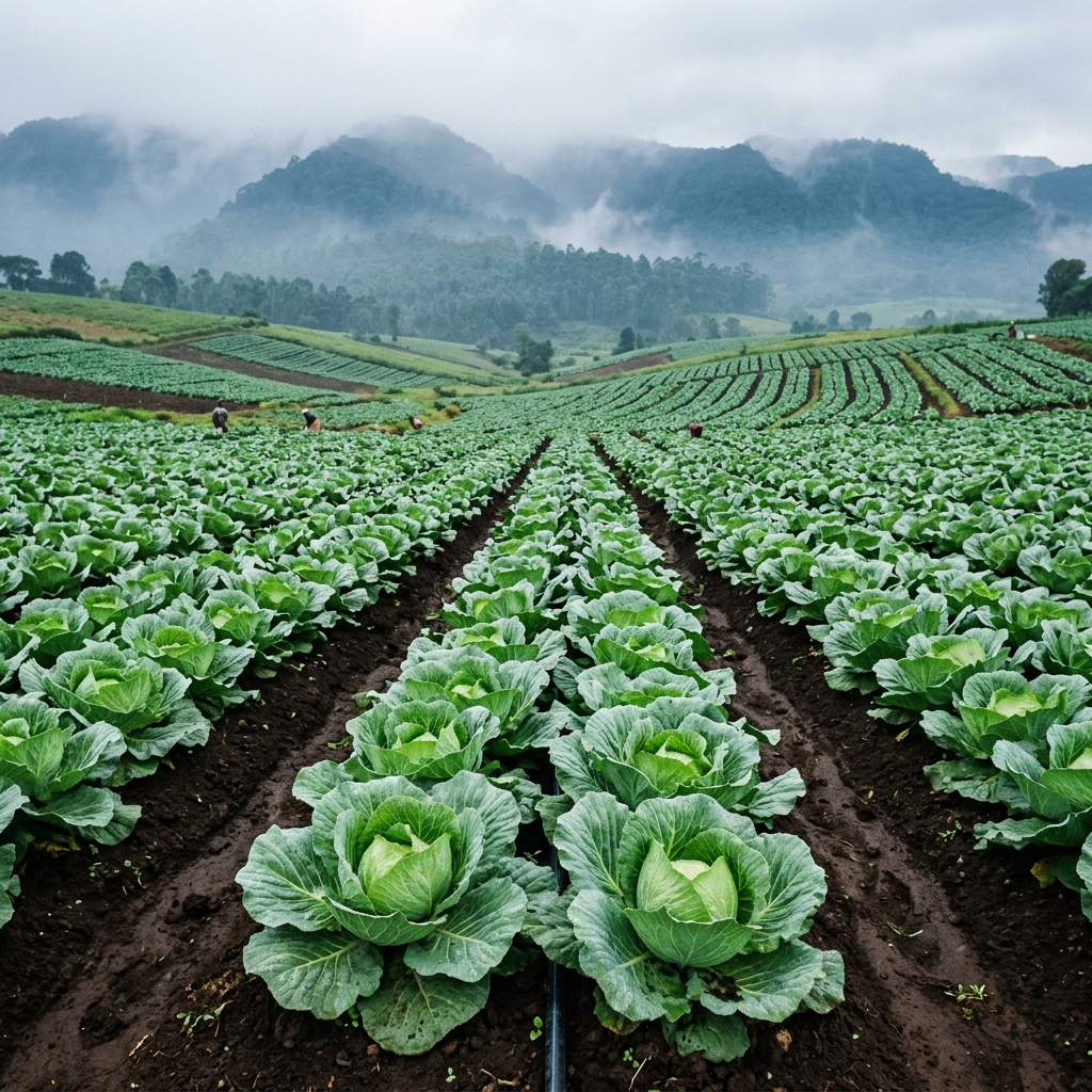 Dense cabbage crop in Kiambu highland farm with Aberdare forest in background