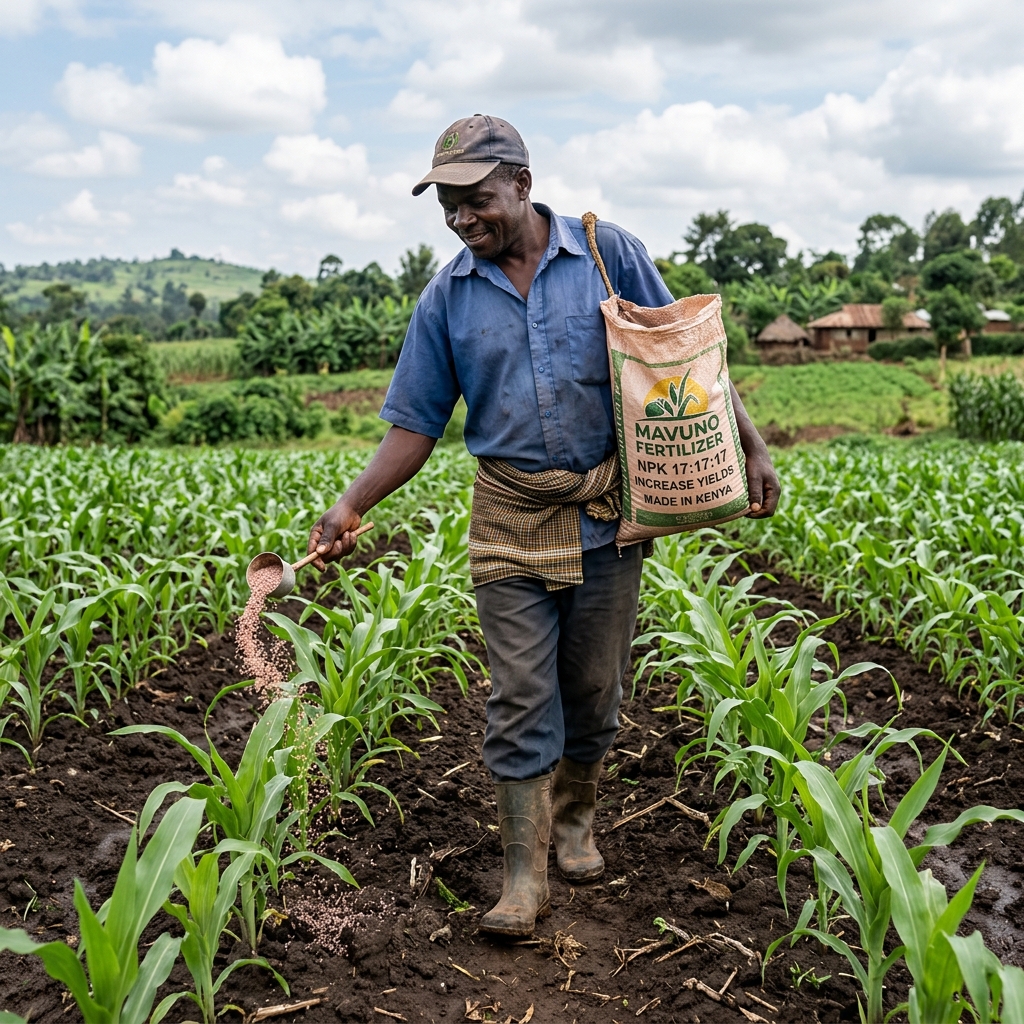 Mavuno fertilizer bag against green Western Kenya farmland