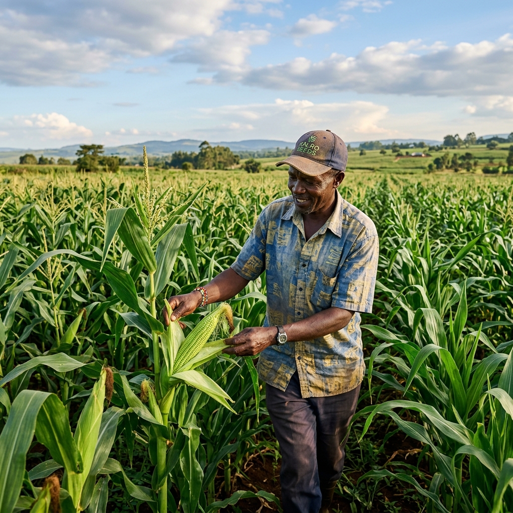 Kenyan farmer examining maize crop in fertile green field