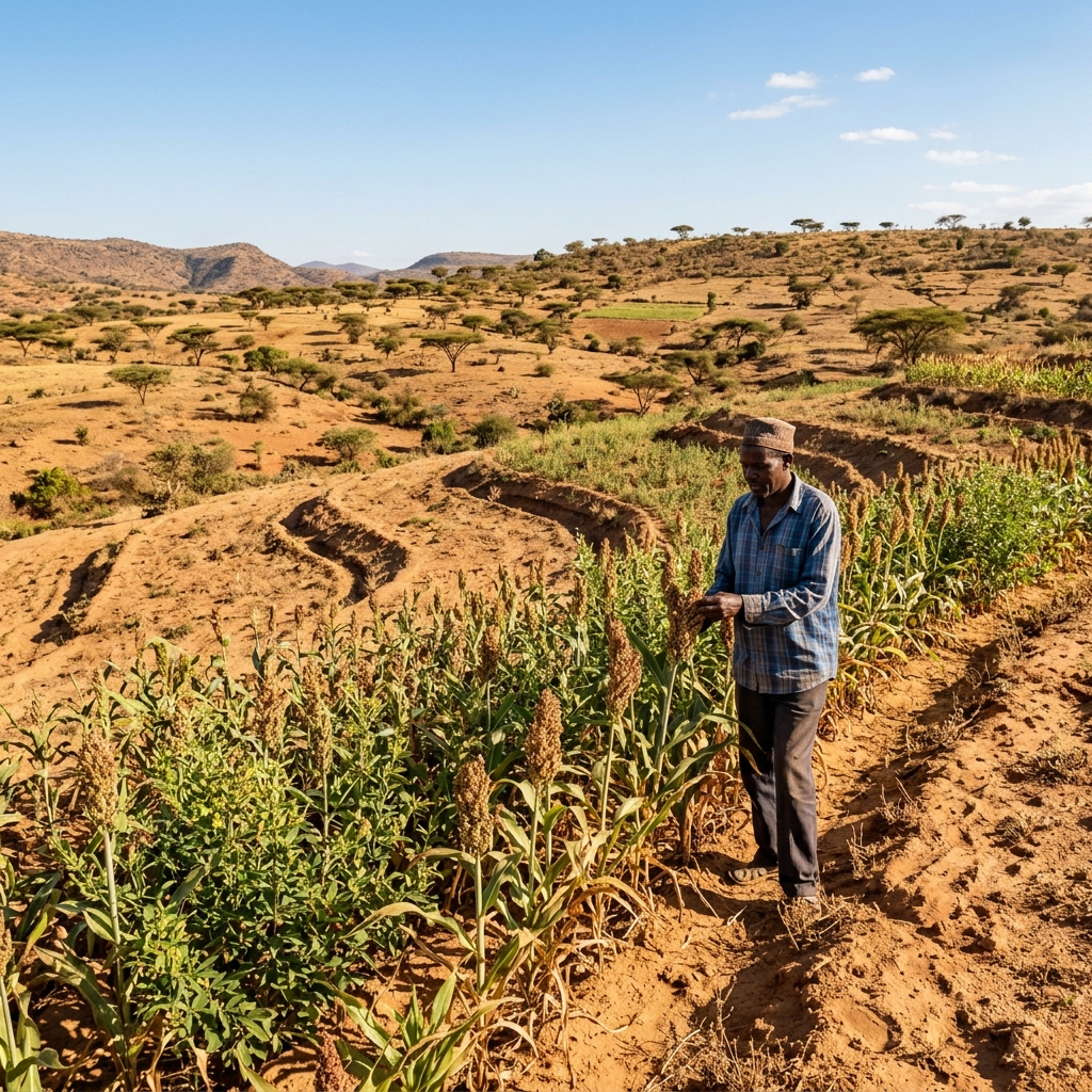 Drought-tolerant sorghum crop growing in semi-arid Machakos County Kenya